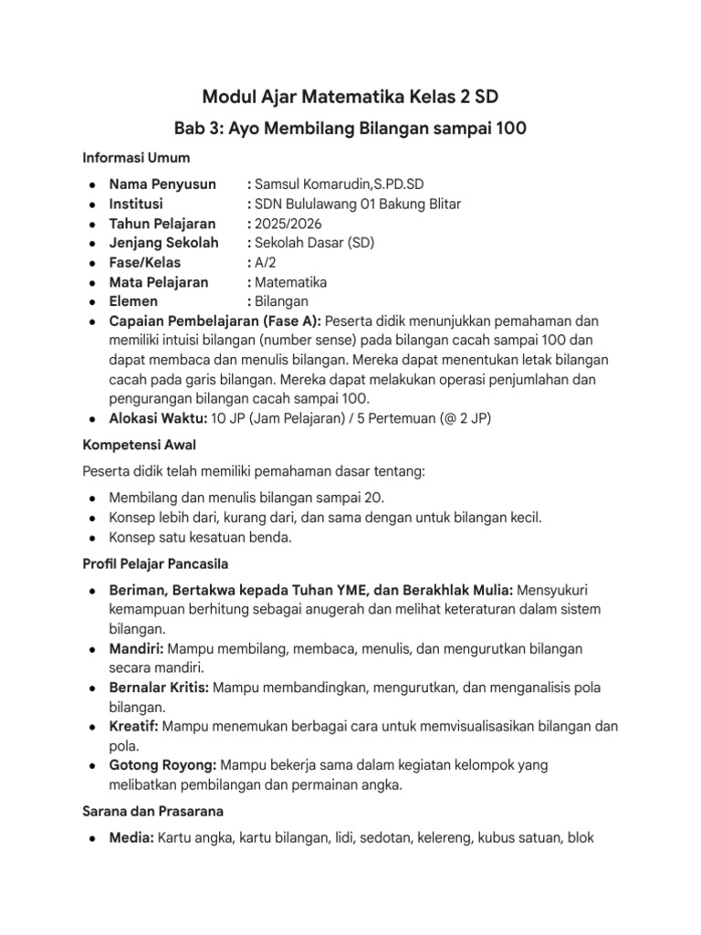 Modul Ajar Matematika Kelas 2 Semester 2 Bab 3 | PDF