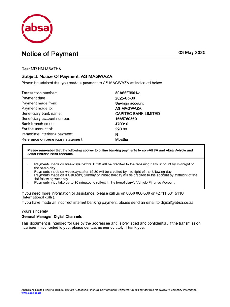 Absa Payment Notice for AS Magwaza | PDF