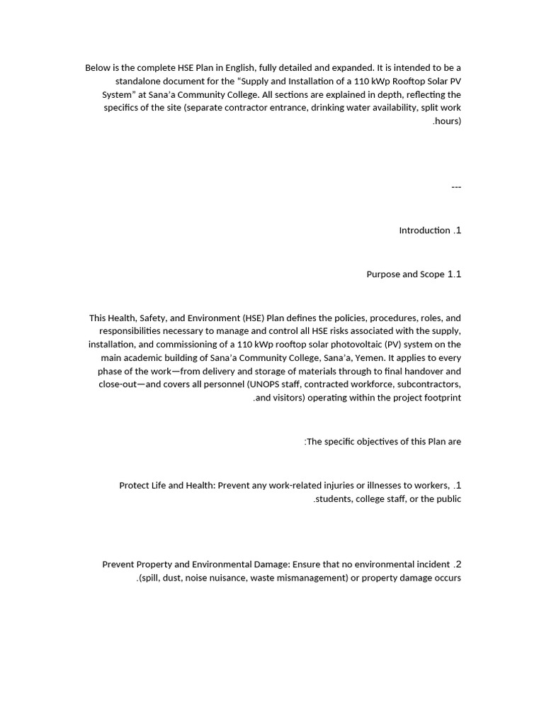 HSE Plan for Solar PV Installation | PDF | Occupational Safety And ...