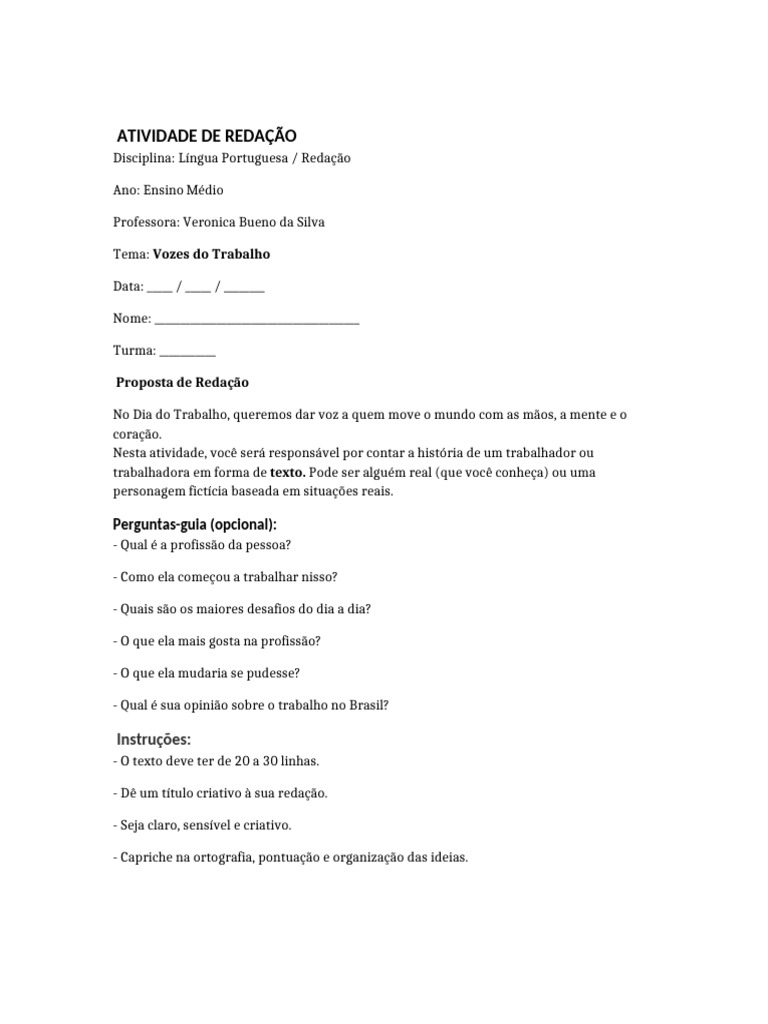 Redação: Vozes do Trabalho no Brasil | PDF