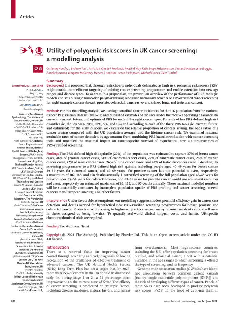 Utility of Polygenic Risk Scores in UK Cancer Scre | PDF | Screening ...