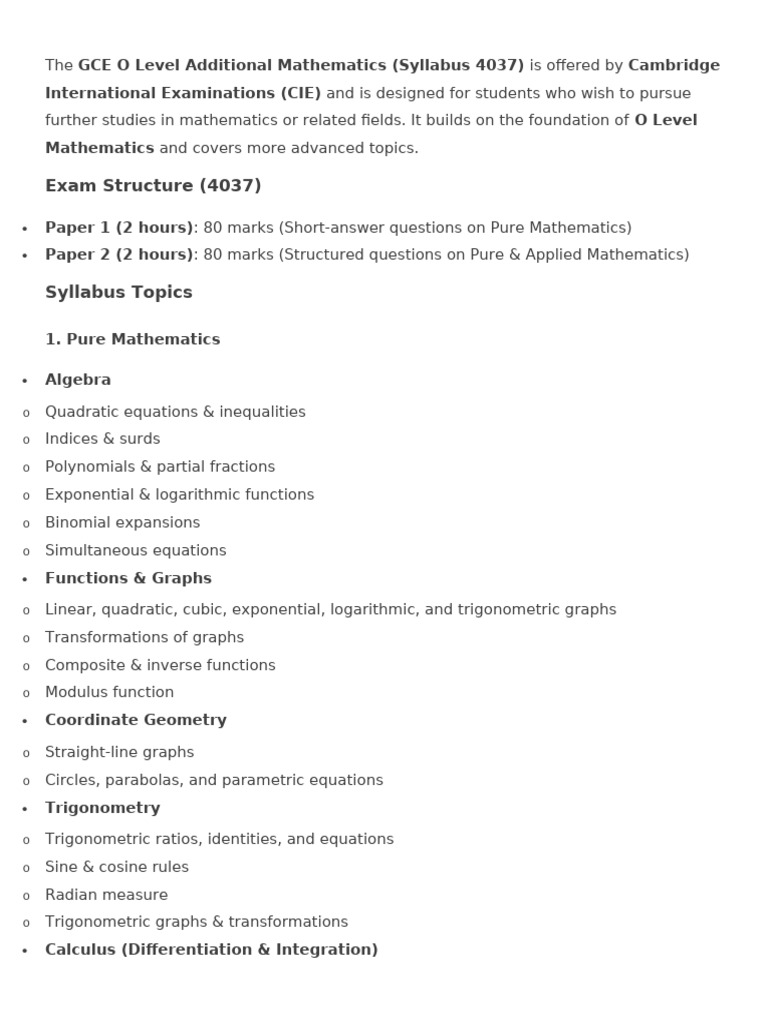 Cambridge O Level Additional Maths 4037 Guide | PDF | Trigonometric ...