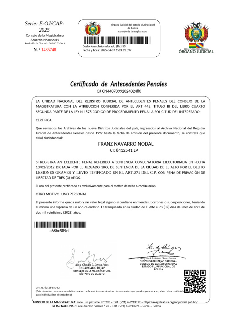 Certificados De Antecedentes Penales 2025 PDF Bolivia Ley Com n