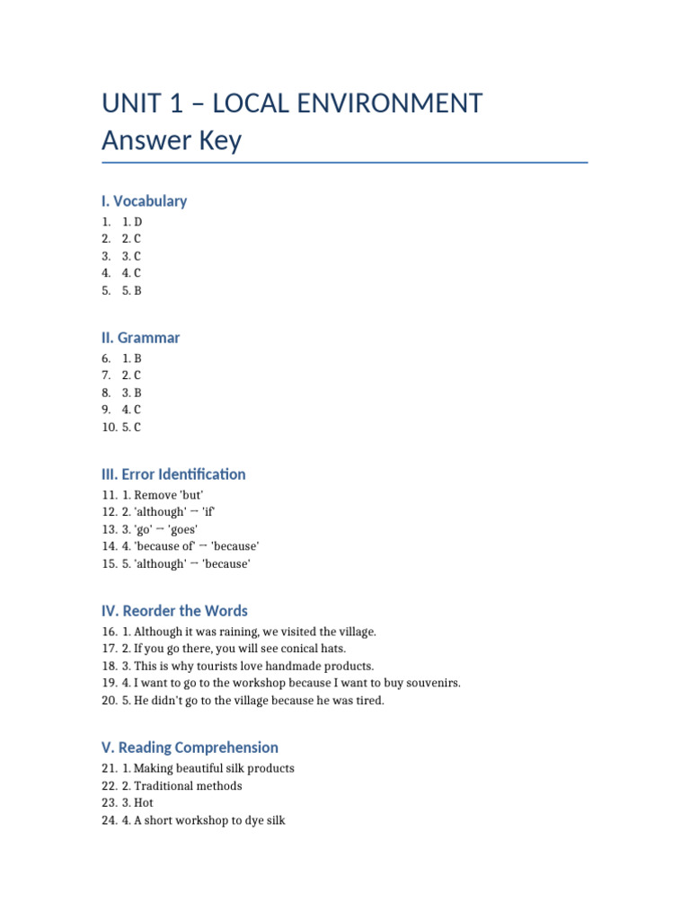 Local Environment Unit 1 Answer Key | PDF
