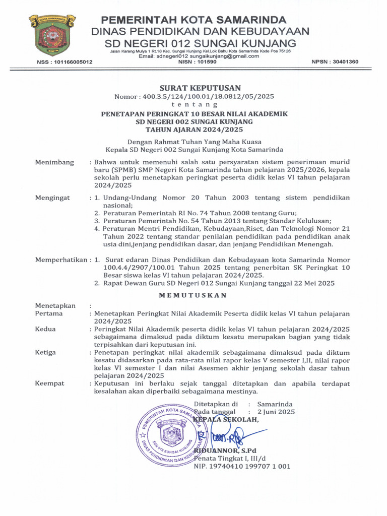 SK Penetapan 10 Besar - SD Negeri 012 Sungai Kunjang | PDF