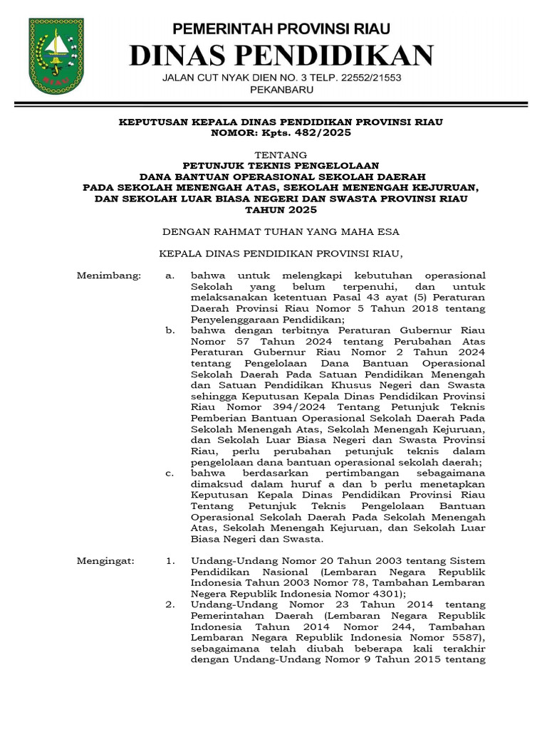 Juknis BOSDA Riau 2025 untuk Sekolah | PDF