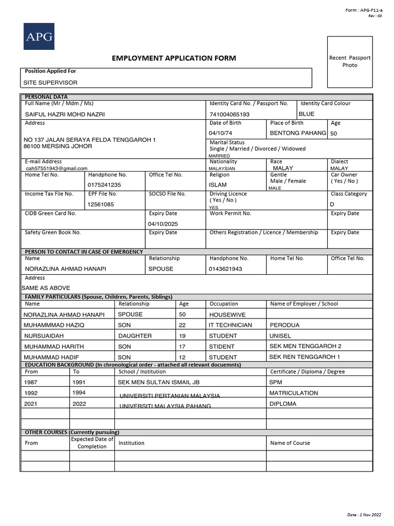 Employment Application Form APG-F11-a | PDF | Identity Document