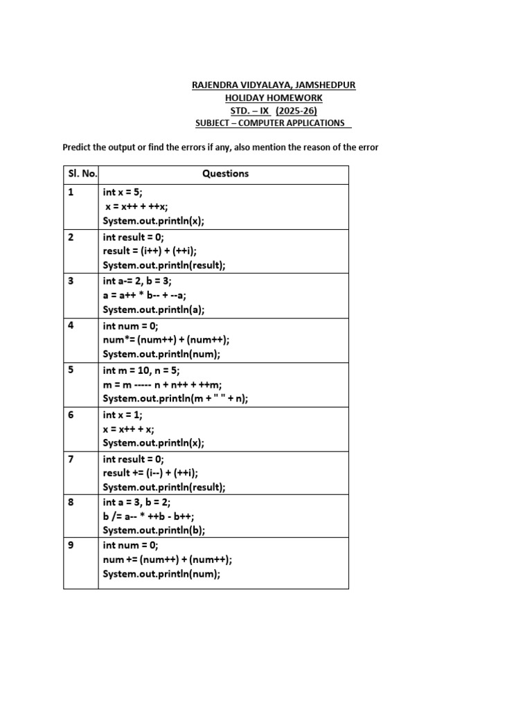 Java Homework for Class IX: Output Predictions and Programs | PDF ...