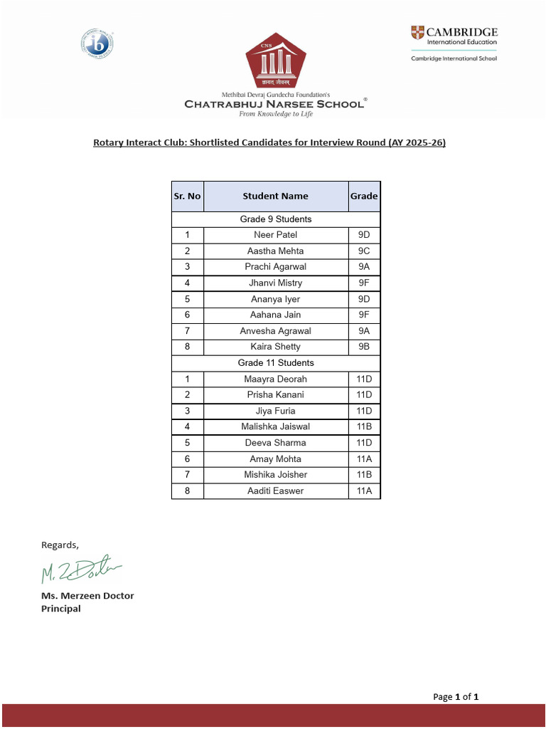 Rotary Interact Club Candidates For Interview Round | PDF