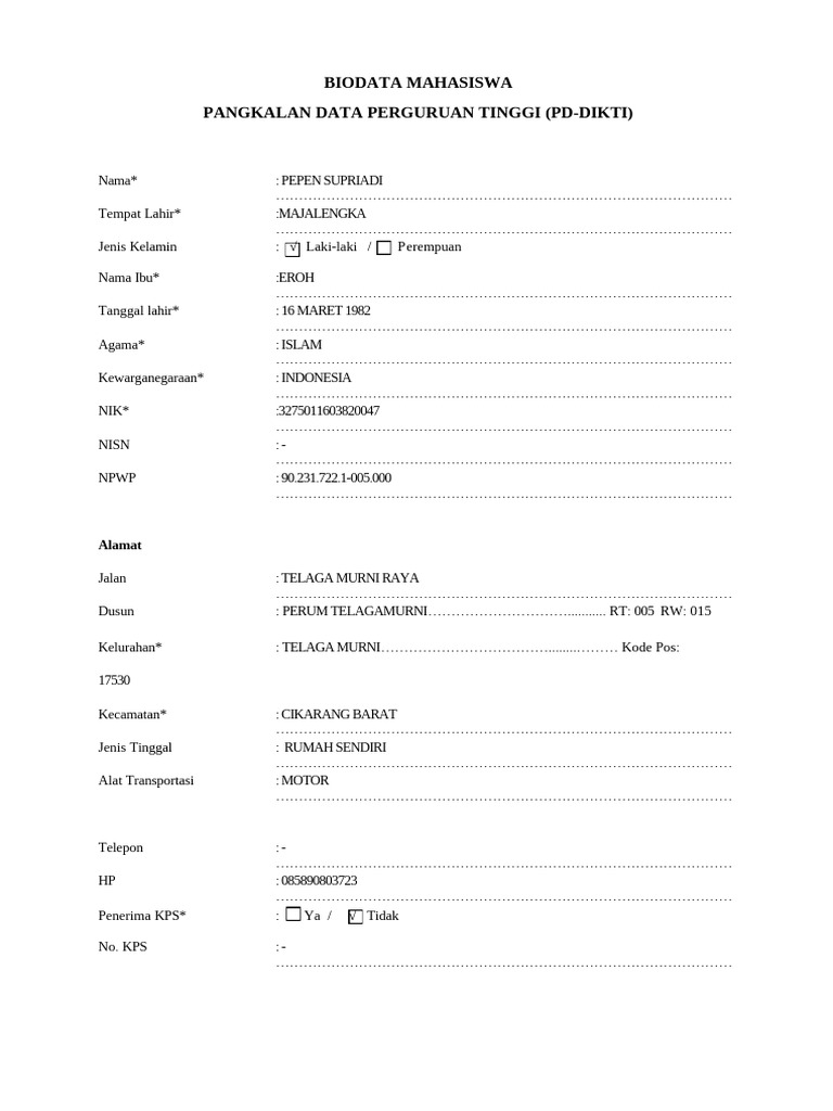 Form Biodata Lapor Diri PDPT PD Dikti | PDF