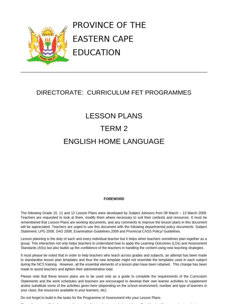 Grade 10 Lesson Plan 2009 Home Langauge | PDF | Reading Comprehension ...