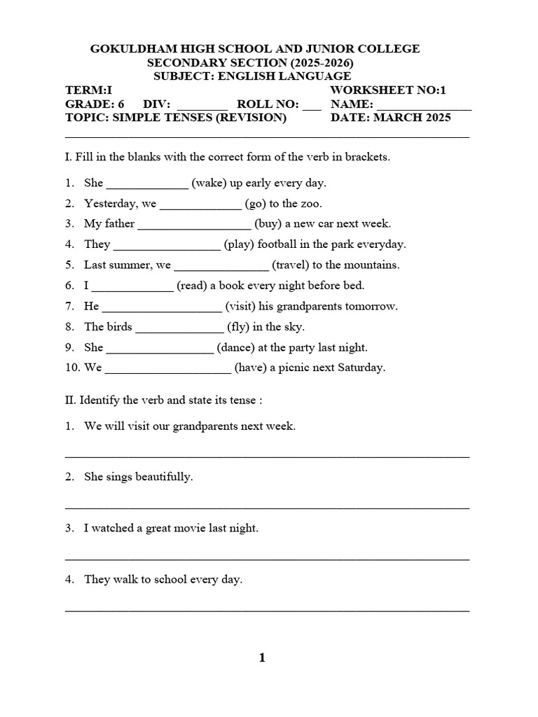 Simple Tenses Worksheet for Grade 6 | PDF | Grammatical Tense ...