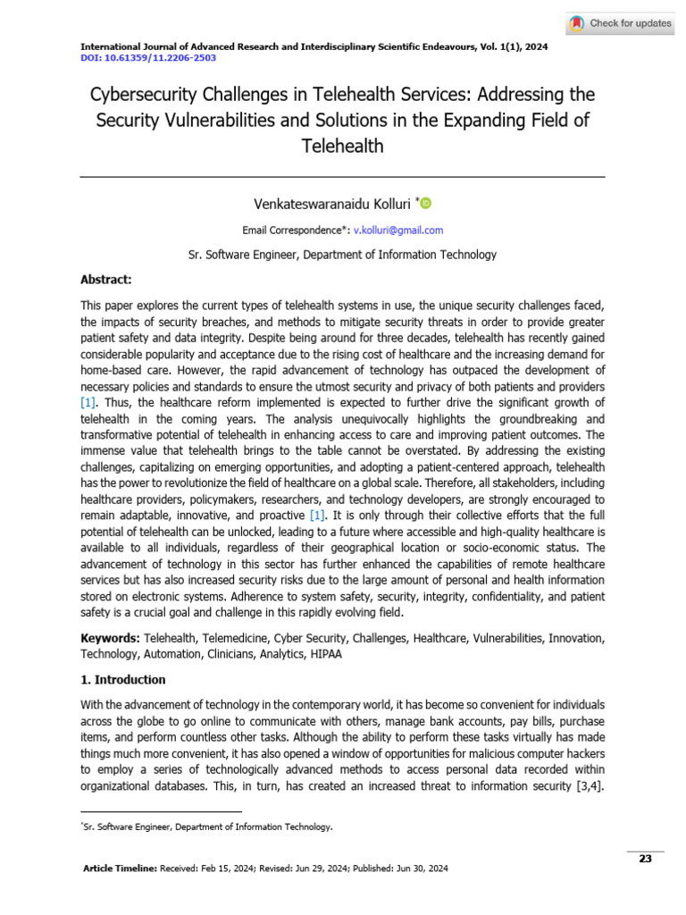 Cybersecurity in Telehealth Services | PDF | Computer Security | Security