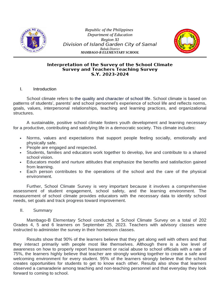 Mambago-B Elementary School Climate Survey | PDF | Teachers | Schools
