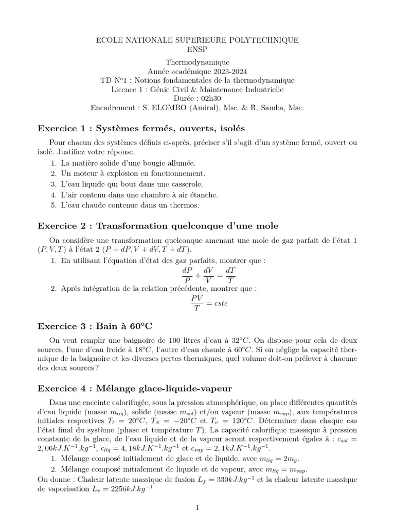 Notions de thermodynamique en TD 2023-2024 | PDF | Enthalpie de ...