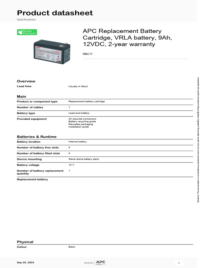 Battery Cartridges RBC17 | PDF | Electrical Engineering | Electronics