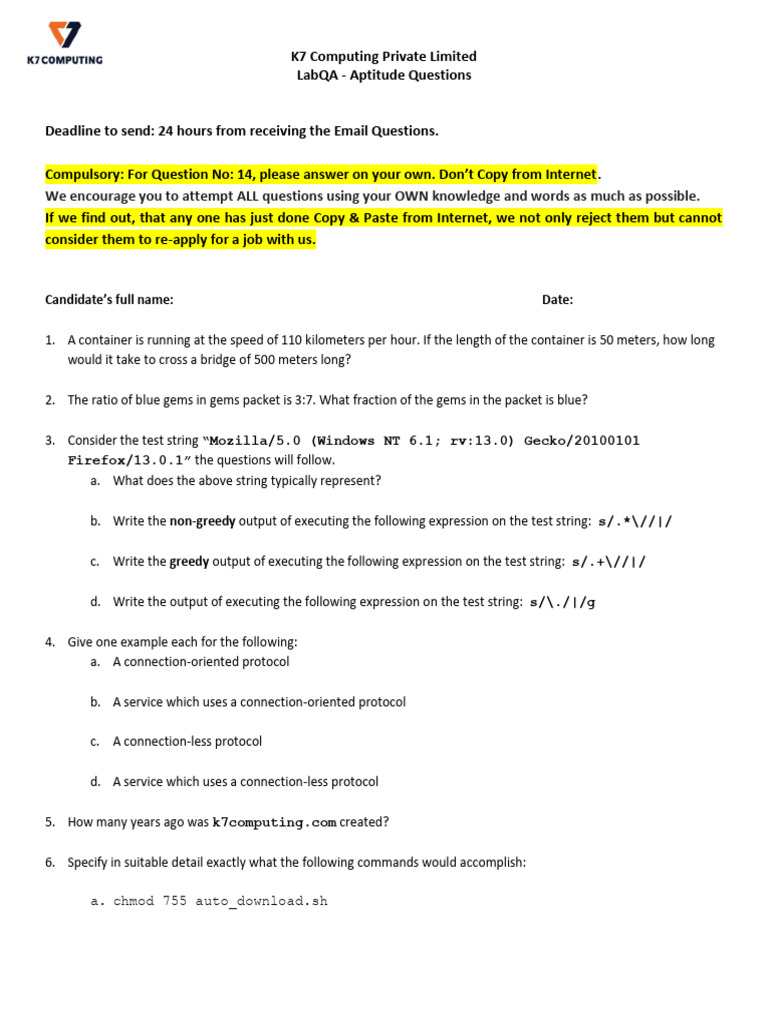 K7 Computing LabQA Aptitude Questions | PDF | Computer Science | Software