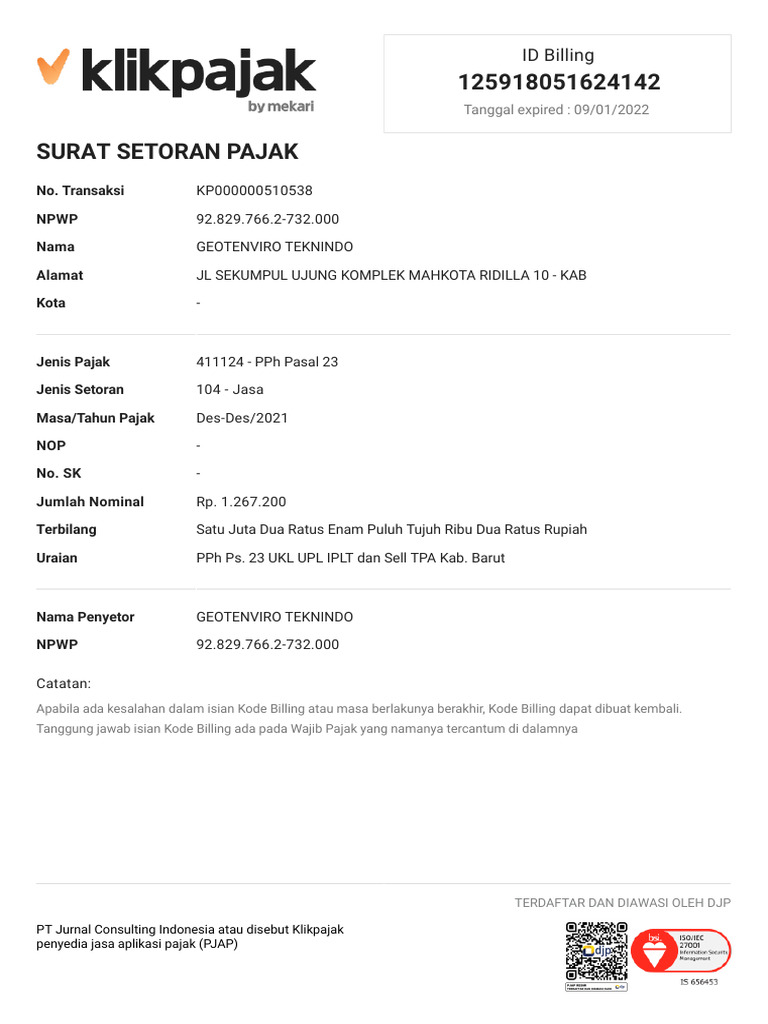Surat Setoran Pajak PPh 23 GEOTENVIRO | PDF