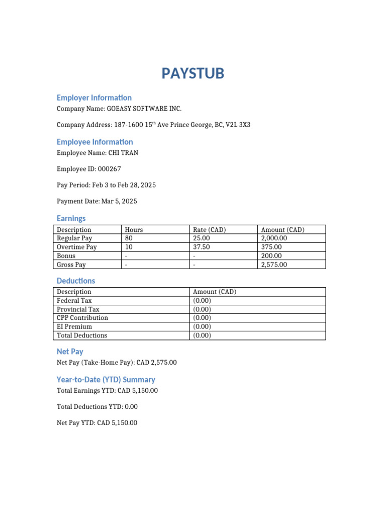 Ontario Pay Stub Example for 2025 | PDF