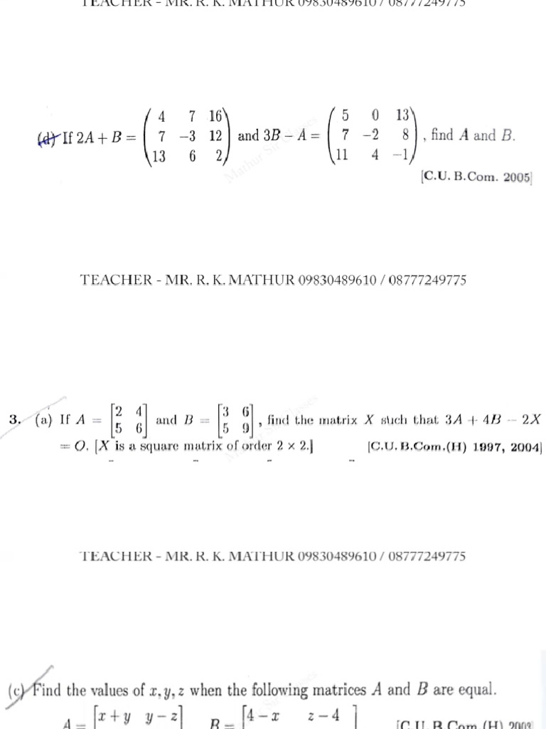 Matrices Important Questions For Sem 2 Exam | PDF