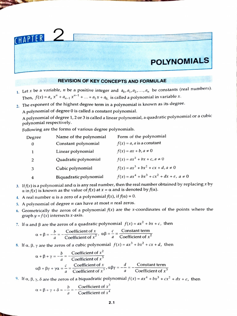 Polynomial Class 10 - MCQ Sample Questions | PDF