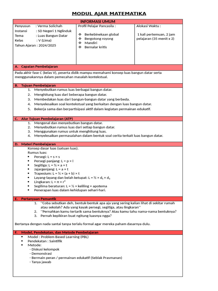 Modul Ajar Matematika 1 | PDF