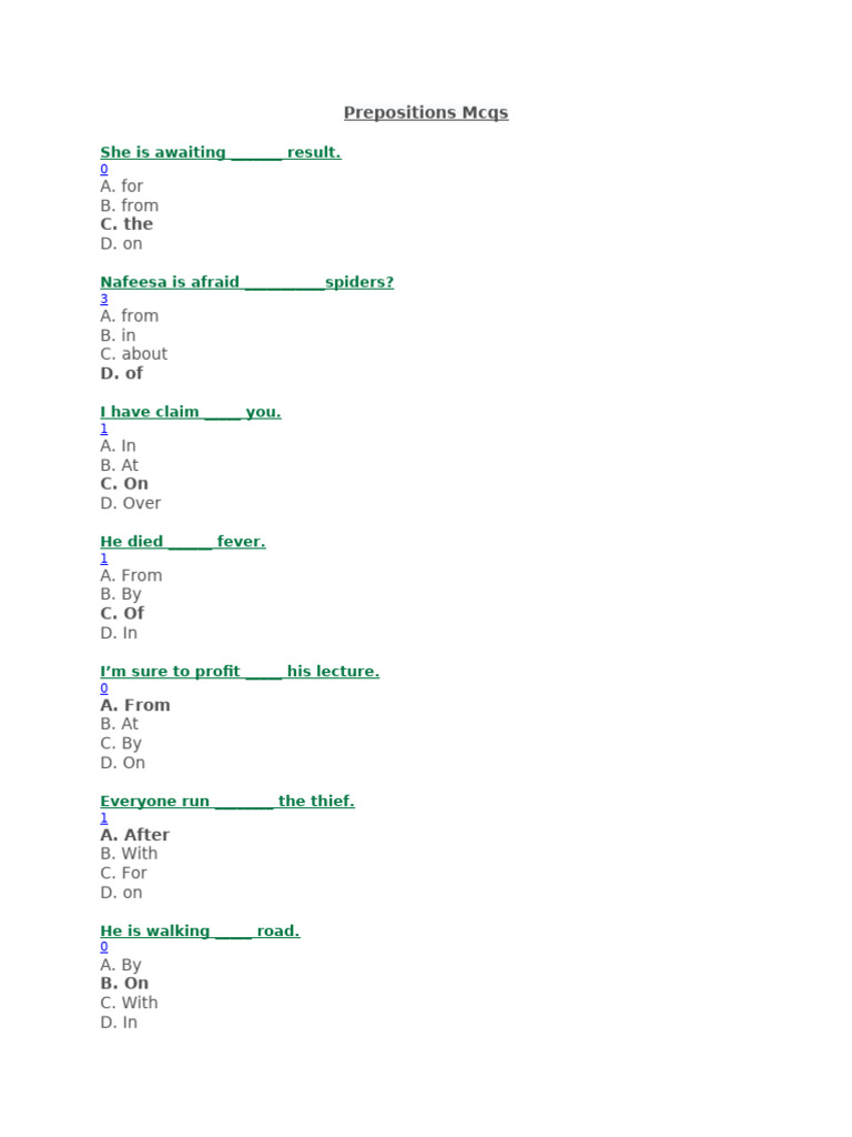 Prepositions MCQs Practice Questions | PDF | Grandparent