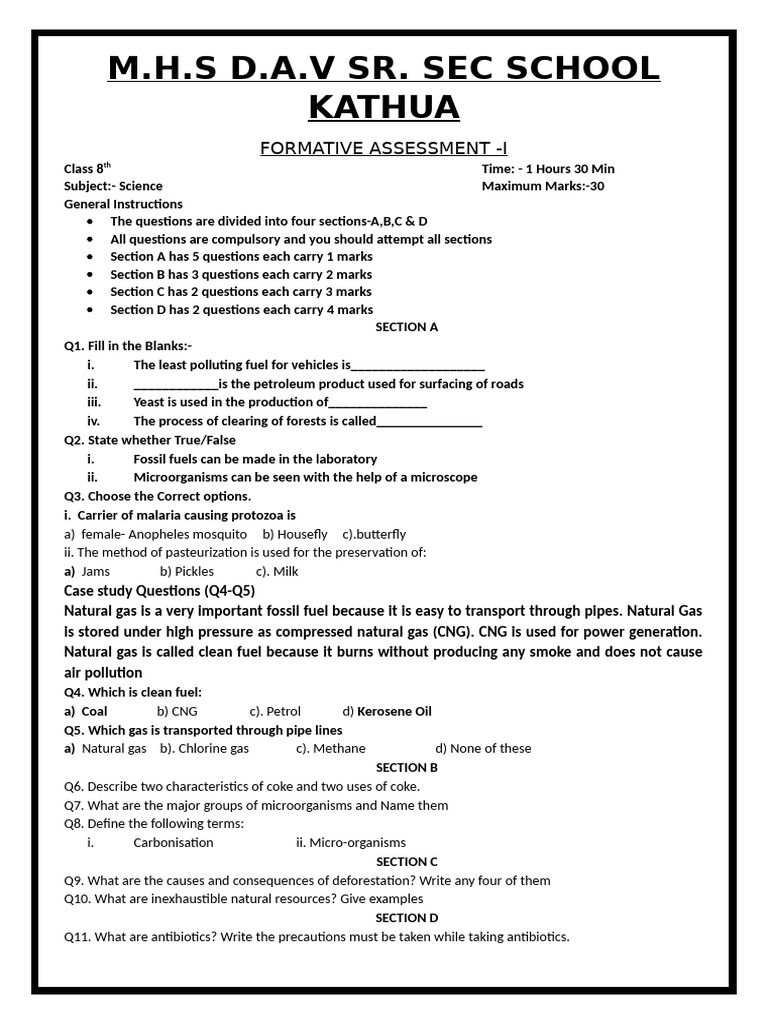 Dav Formative I 2025-26 Science | PDF | Natural Gas | Fuels