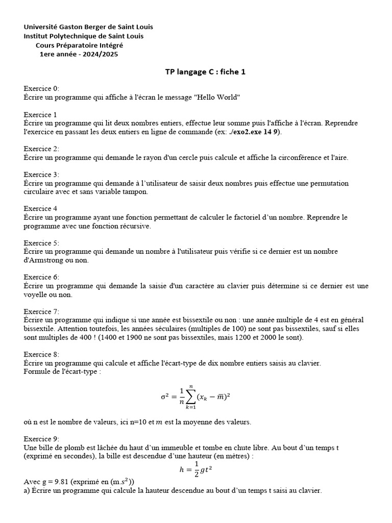 Exercices de programmation en C 2024/2025 | PDF | Mathématiques ...