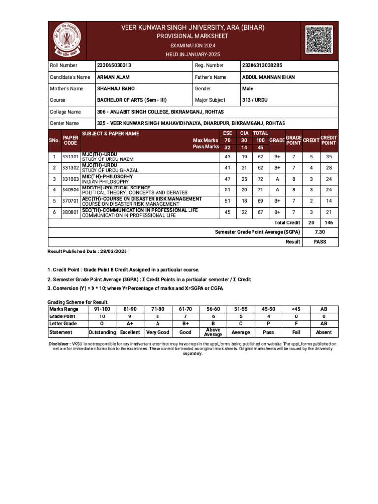 Arman Alam's BA Semester III Marksheet | PDF