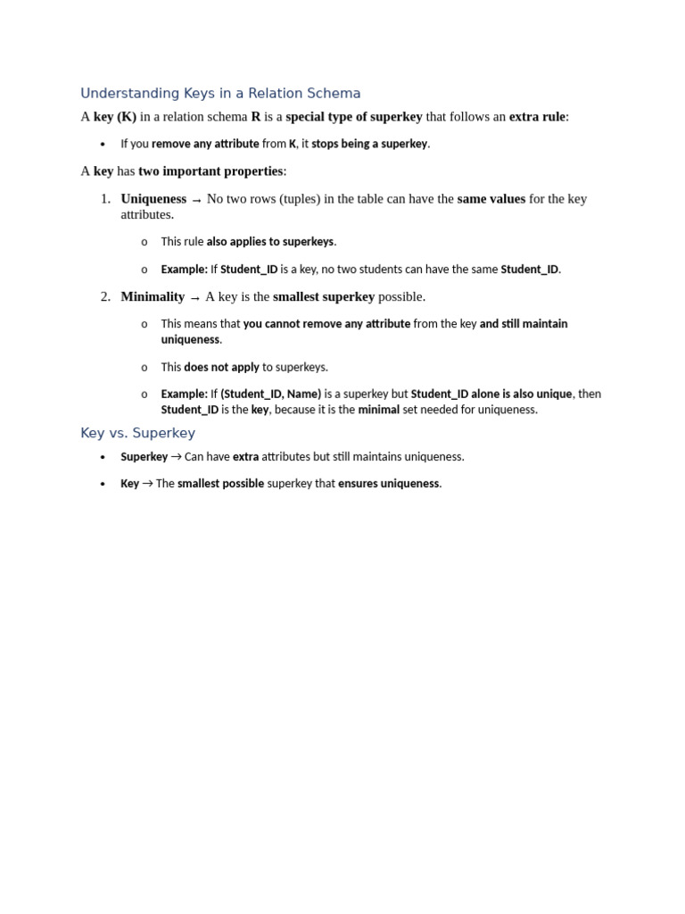 Key (K) R Special Type of Superkey Extra Rule: A in A Relation Schema ...