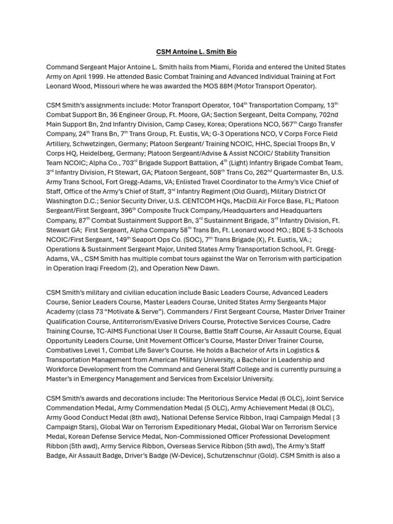 CSM Antoine L. Smith Military Biography | PDF | Sergeant | Company ...