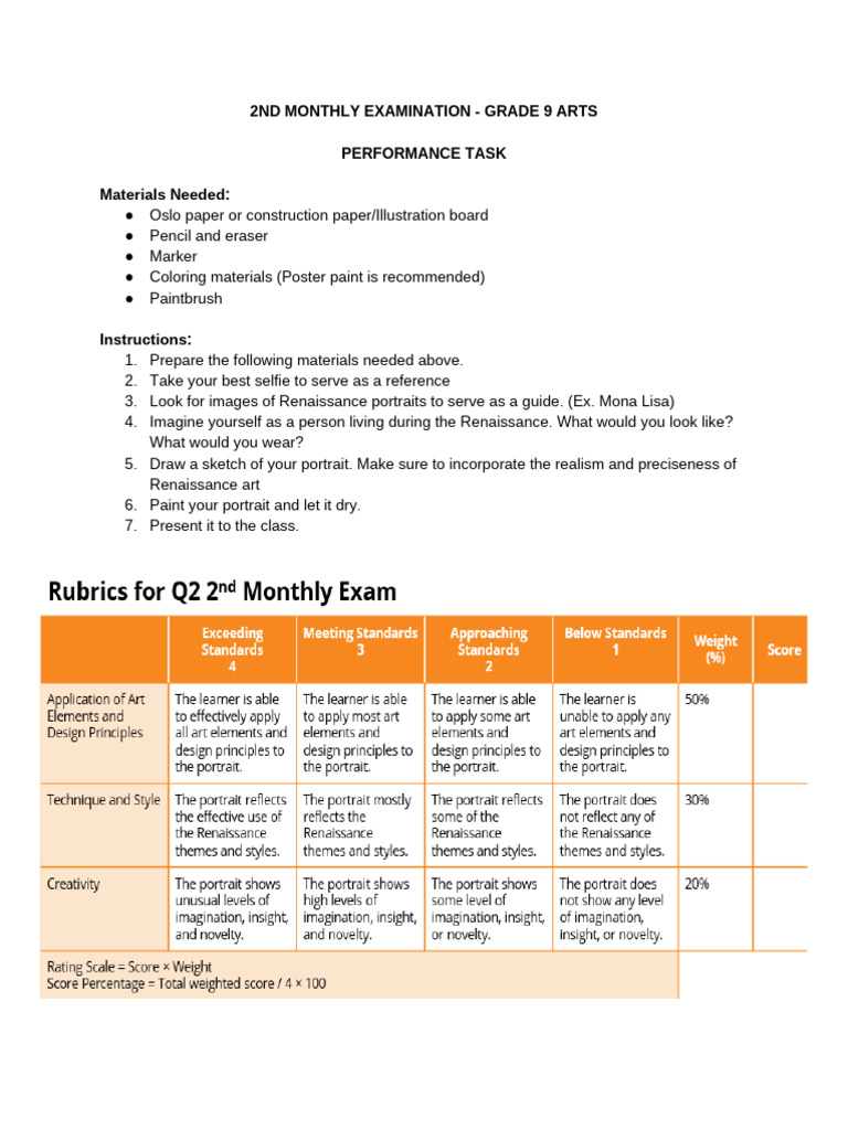 2nd Monthly Examination in Arts 9 (Performance Task) | PDF