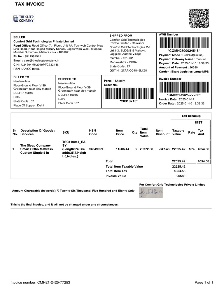 COMN2500024548 : Page 1 of 1 Invoice Number: CMH21-2425-77253 | PDF ...