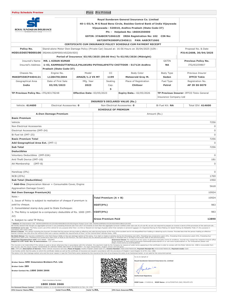 SMC Insurance Motor Policy Schedule | PDF | Insurance | Vehicles