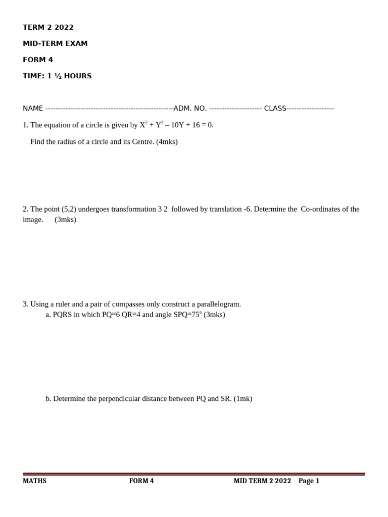 Form 4 Maths Mid-Term Exam 2022 | PDF | Circle | Elementary Geometry