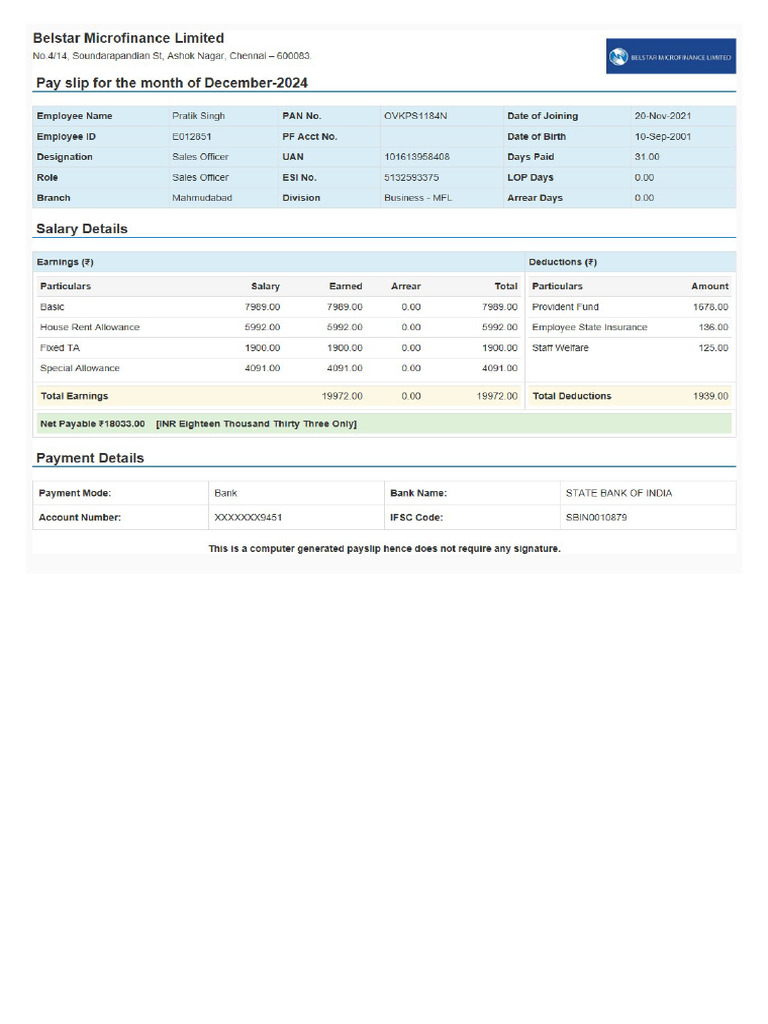 Belstar Sallary Slip | PDF