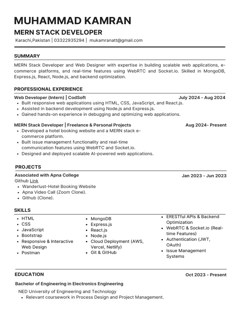 MERN Stack Developer Resume Summary | PDF