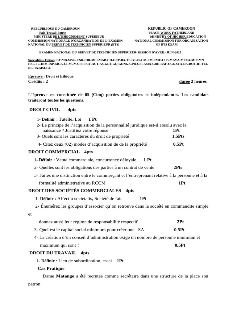 Examen BTS 2025 : Droit et Éthique | PDF | Justice | Crime et violence