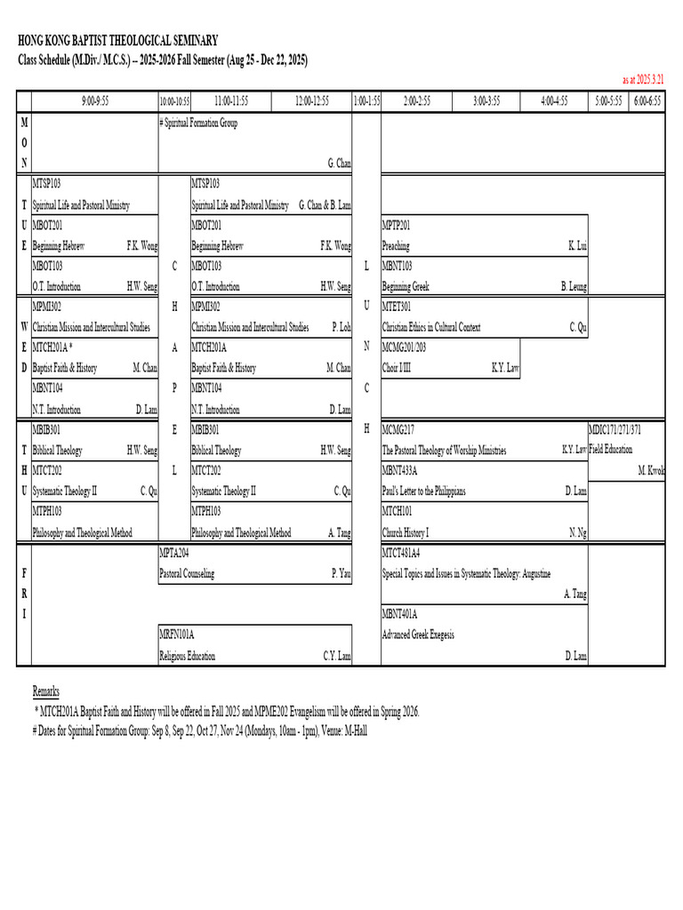 2025-26 Fall Timetable Ms v20250321 | PDF | Theology | Religious Belief ...