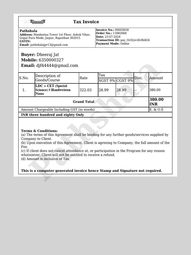 Tax Invoice for Pathshala Services | PDF