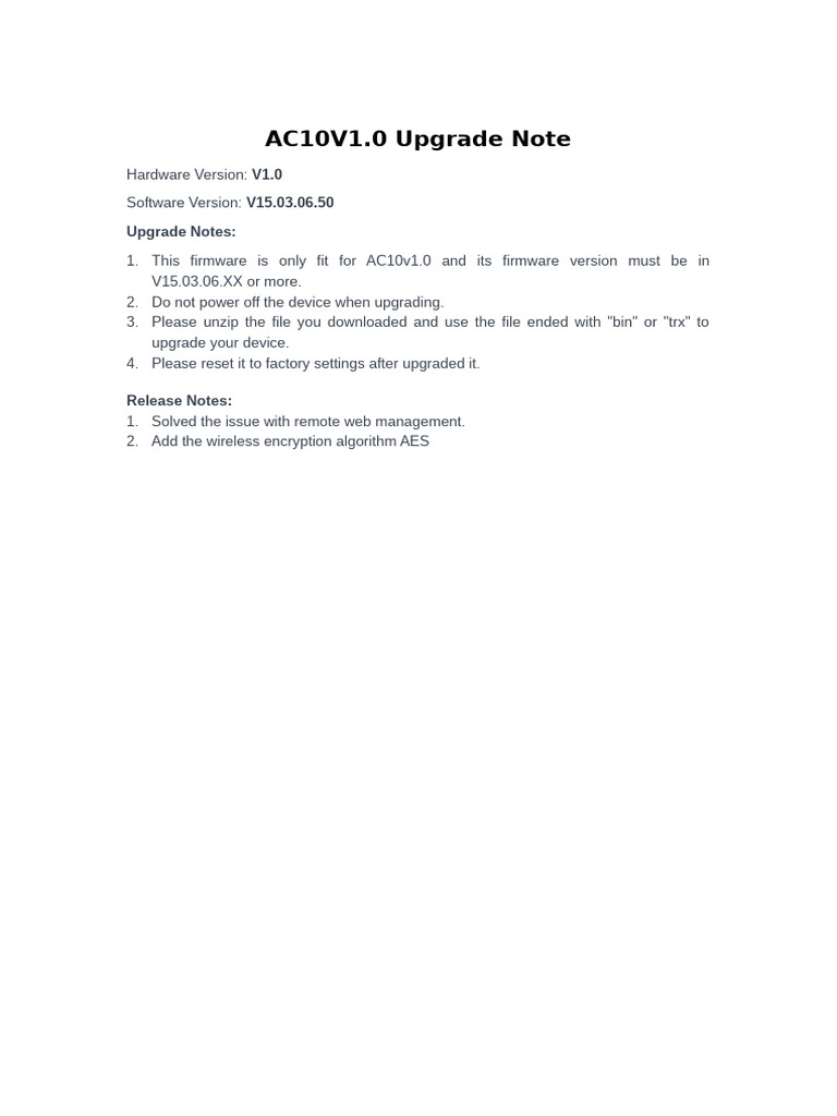 AC10v1.0 Firmware Upgrade Note | PDF