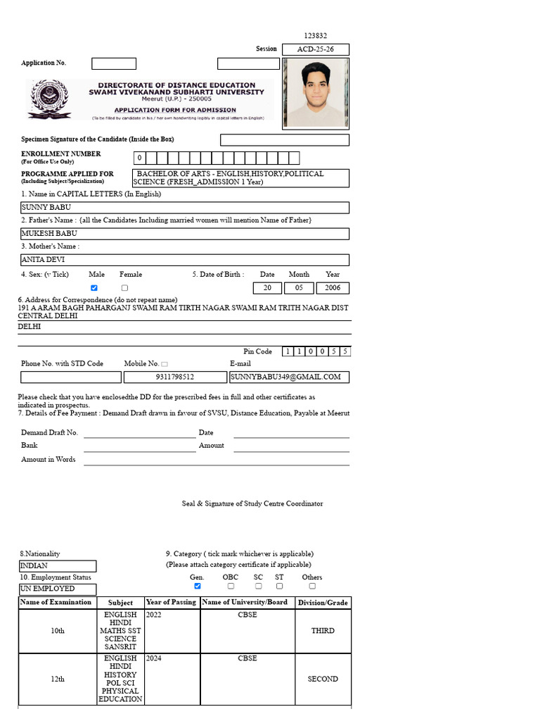 Admission Form for BA Program | PDF