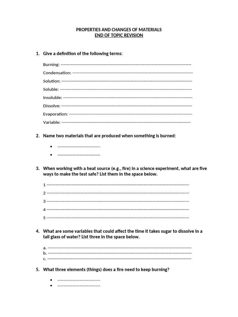 Properties and Changes of Materials - End of Topics Revision | PDF ...