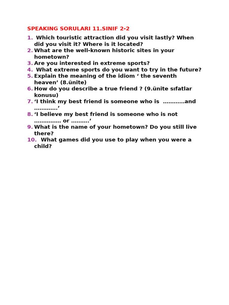 11th Grade Speaking Questions | PDF