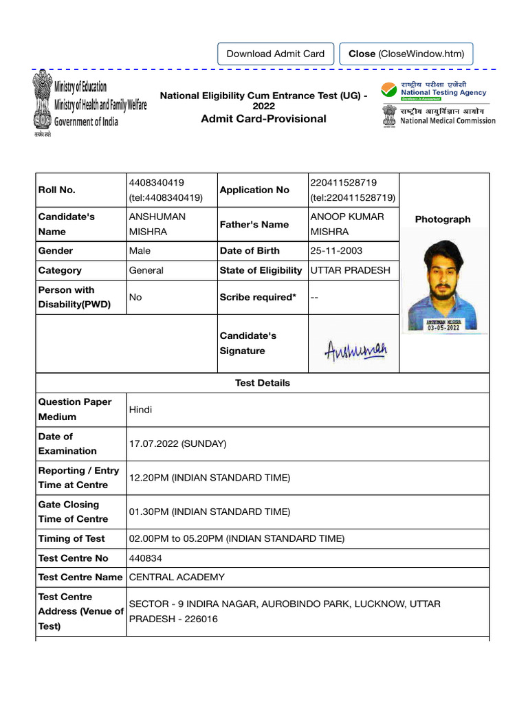 NEET UG 2022 Admit Card Instructions | PDF | Identity Document