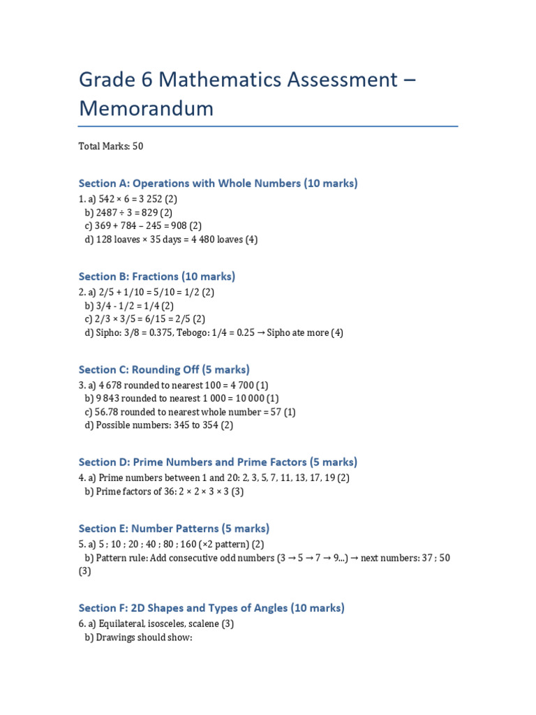 Grade 6 Term 2 Maths Assessment | PDF