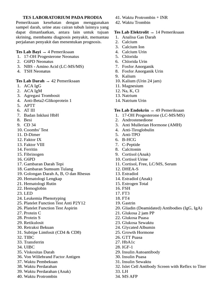 Daftar Tes Laboratorium Prodia | PDF