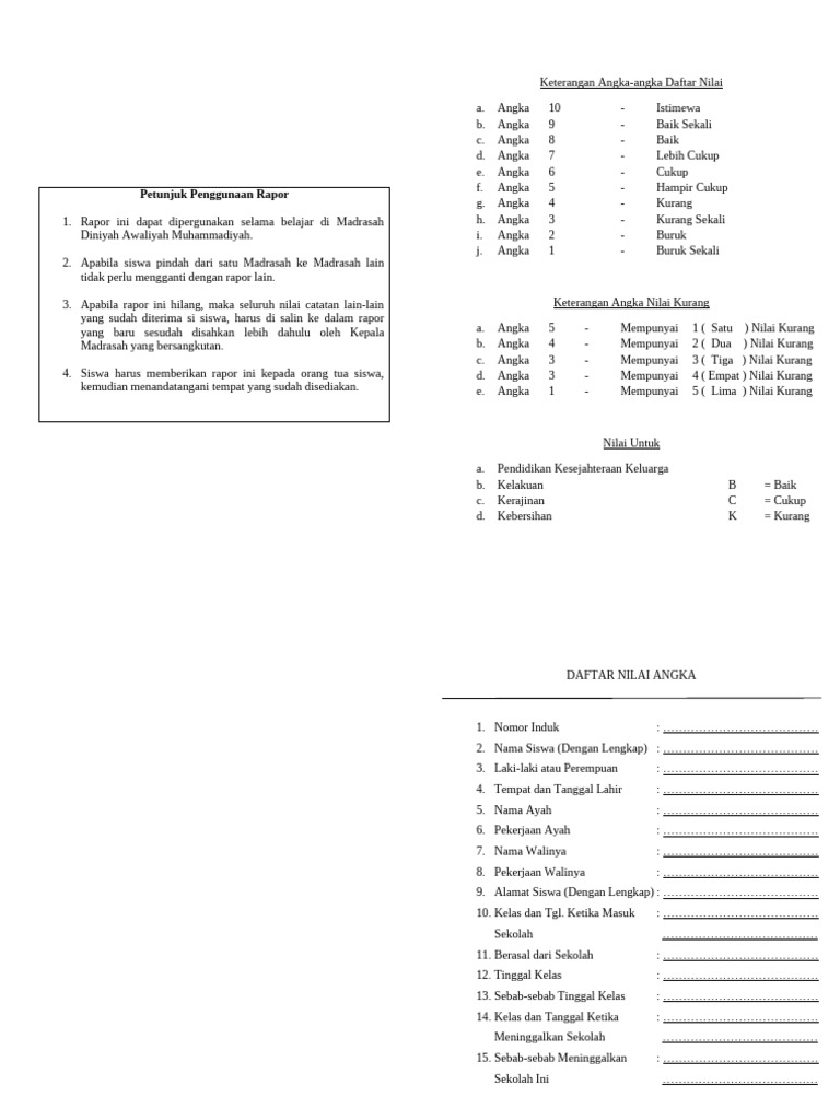 Contoh Rapor Madrasah Diniyah | PDF
