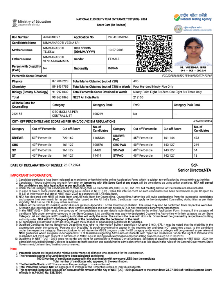 Neet - Ntaonline.in Frontend Web Re-revised25july-Scorecard Score-Card ...